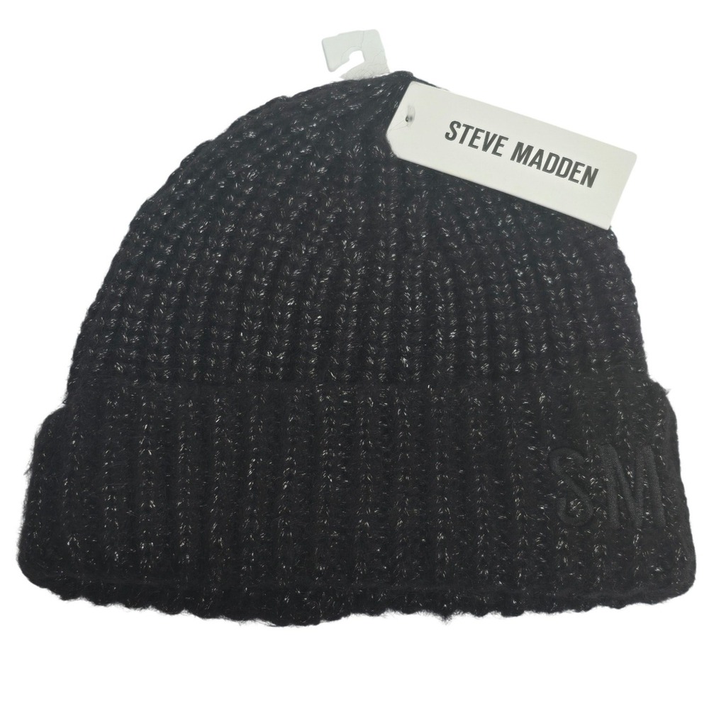 Steve Madden Black Metallic Wool Blend Ribbed Knit Beanie Hat SM Logo NWT